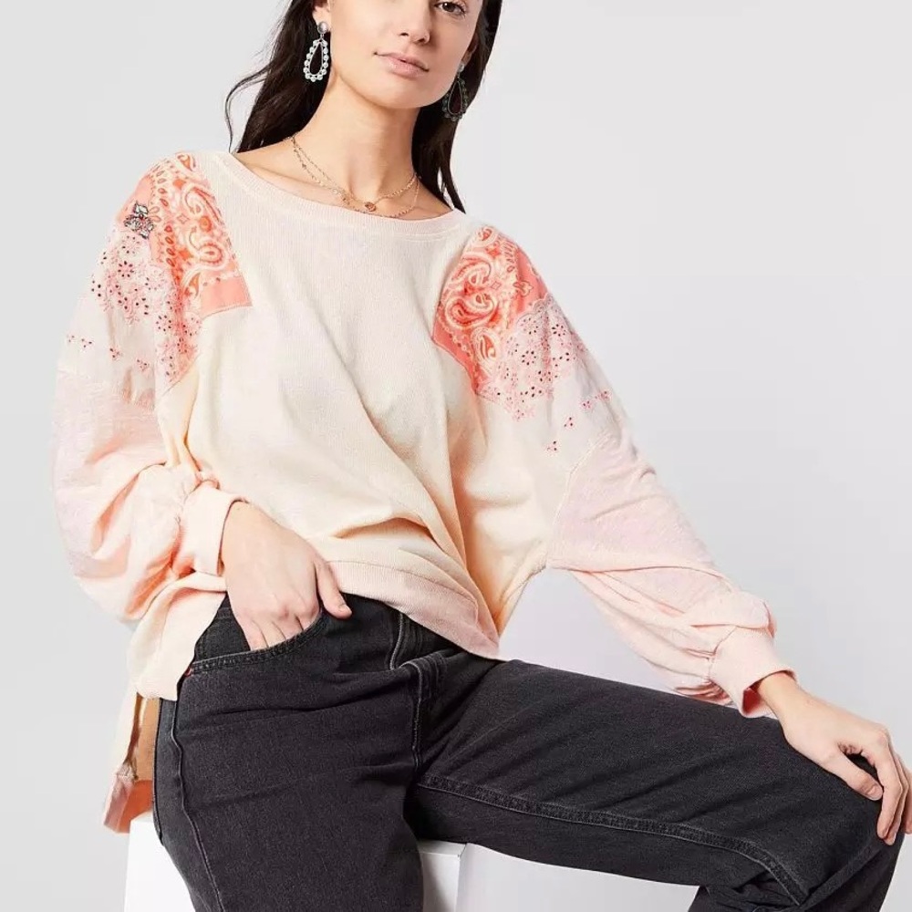 NWT Free People Feelin It Bandana Patchwork Oversized Top Alabaster Combo